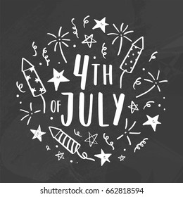 Fourth of July. Chalk doodle drawing on a blackboard. Vector hand drawn illustration