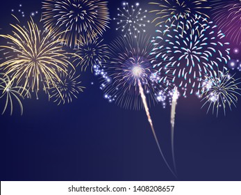 fourth of July colorful firework set bursting in the blue sky at night in vector illustration. Concept for background template for celebration festive seasonal