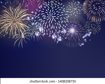 fourth of July colorful firework set bursting in the blue sky at night in vector illustration. Concept for background template for celebration festive seasonal