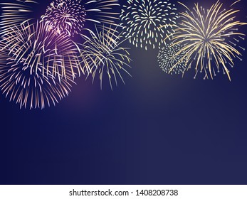 fourth of July colorful firework set bursting in the blue sky at night in vector illustration. Concept for background template for celebration festive seasonal