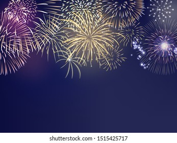 fourth of July colorful firework set bursting in the blue sky at night in vector illustration. Concept for background template for celebration festive seasonal