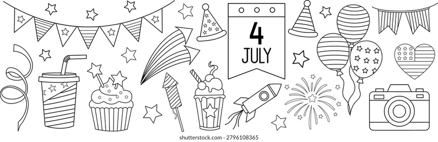 Fourth of july coloring page banner with outline patriotic elements featuring calendar icon camera fireworks cupcake balloons and american holiday doodles