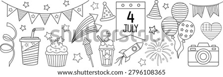 Fourth of july coloring page banner with outline patriotic elements featuring calendar icon camera fireworks cupcake balloons and american holiday doodles