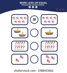 Fourth July Counting Game for Preschool Children. Math educational game for children. Choose more, less or equal game. Educational printable math worksheet. Vector illustration in cartoon style.