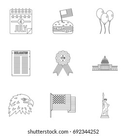 Fourth of July day icon set. Outline style set of 9 independence day vector icons for web isolated on white background
