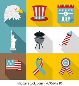 Fourth of July day icon set. Flat style set of 9 fourth of July day vector icons for web design