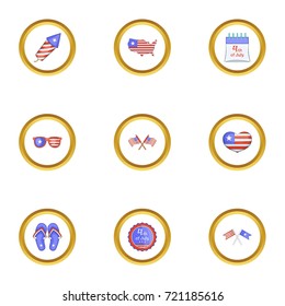 Fourth of July day icons set. Cartoon style set of 9 fourth of July day vector icons for web design