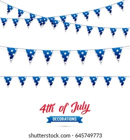 Fourth of July. Decoration set of USA flag stars garlands. 4th of July vector illustration.