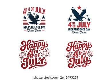 Fourth of July designs with eagles and patriotic lettering isolated on white