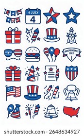 Quatro de julho doodle set. Símbolos nacionais do Dia da Independência dos EUA, decorações para festas, fogos de artifício, chapéu de Tio Sam, medalha, bandeiras e mapas. Ilustração de vetor desenhada à mão isolada em fundo branco.