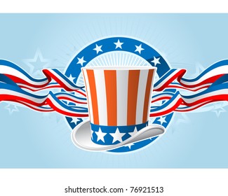 Fourth of july emblem with Uncle Sam top hat and ribbons