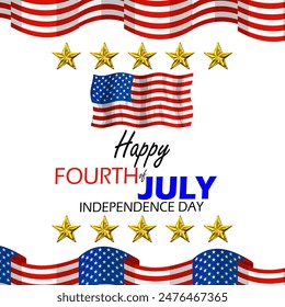 Fourth of July event banner. Waving American flag decorated with gold stars and ribbons on white background to celebrate on July 4th