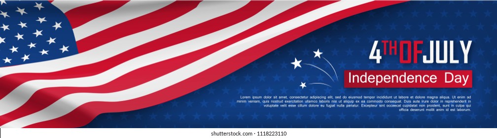 Fourth of July felicitation greeting card. Independence day celebration banner. USA country national event. Waving american flag on blue background. United States of America federal patriotic holiday