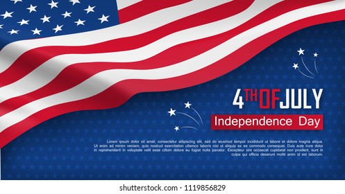 Fourth of July felicitation greeting card. Independence day celebration banner. USA country national event. Waving american flag on blue background. United States of America federal patriotic holiday