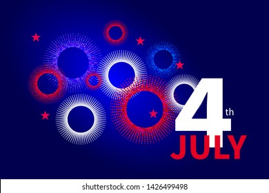 Fourth of July fireworks, blue poster with lights, independence day banner, poster with red, blue and white firework. Vector flyer