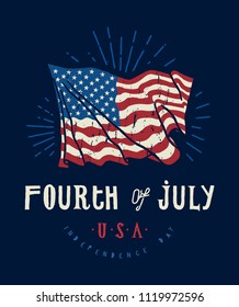Fourth of July flag on the wind United States vintage typography independence day print