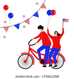 Fourth of July flat character with bicycle