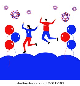 Fourth of July flat character jumping on the sky
