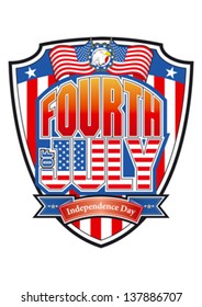 Fourth July Graphic on Shield with Bald Eagle, Stars and Stripes and Independence Banner, editable vector.