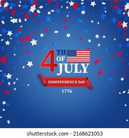 Fourth of July greeting card template. July 4 USA.USA celebration with confetti stars in national colors for American Independence Day isolated on background.
