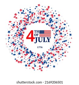 Fourth of July greeting card template. July 4 USA.USA celebration with confetti stars in national colors for American Independence Day isolated on background.