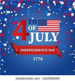 Fourth of July greeting card template. July 4 USA.USA celebration with confetti stars in national colors for American Independence Day isolated on background.