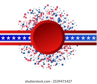 Fourth of July greeting card template. USA celebration with confetti stars in national colors for American Independence Day isolated on background.