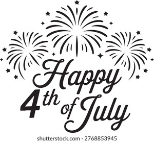 Fourth of July greeting design with stylized fireworks and stars isolated on transparent background
