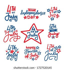 Fourth of July hand written trendy line lettering set. United States of America Independence day typographic design for poster, brochure, greeting card template. Vector flat hand drawn illustration.