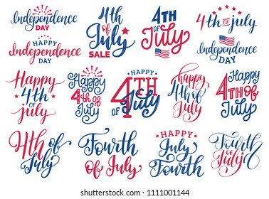 Fourth of July, handwritten phrases set. Vector inscriptions for greeting card, banner etc. Calligraphy collection for Happy Independence Day of United States of America on white background.