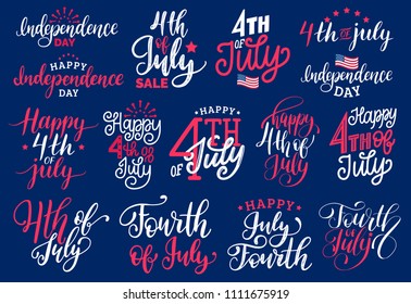 Fourth of July, handwritten phrases set. Vector inscriptions for greeting card, banner etc. Calligraphy collection for Happy Independence Day of United States of America on blue background.