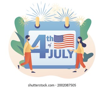 Fourth of July. Happy 4th of July - calendar date. Tiny people celebrate United States Of America Independence Day. Modern flat cartoon style. Vector illustration on white background
