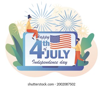 Fourth of July. Happy 4th of July - text on laptop screen. Tiny people celebrate United States Of America Independence Day. Modern flat cartoon style. Vector illustration on white background