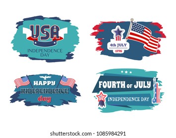 Fourth of July happy Independence day banners, vector illustration USA national holiday, four stickers with flags and stars, Statue Liberty monument