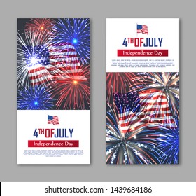 Fourth of July happy independence day. United states of America day vertical flyers with realistic fireworks in patriotic colors. National traditional and political holiday poster vector illustration.