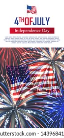 Fourth of July happy independence day vertical banner. Celebration flyer with USA flag and realistic dazzling display of fireworks. National patriotic and political holiday poster vector illustration.