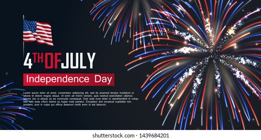 Fourth of July happy independence day horizontal banner. USA day celebration flyer with realistic dazzling display of fireworks. National patriotic and political holiday poster vector illustration.