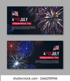 Fourth of July happy independence day. United states of America day flyers with realistic fireworks on dark blue background. National patriotic and political holiday poster vector illustration.