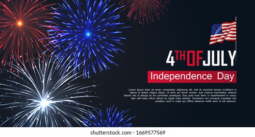 Fourth of July happy independence day horizontal banner. USA day celebration flyer with realistic dazzling display of fireworks. National patriotic and political holiday poster vector illustration.