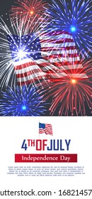 Fourth of July happy independence day vertical banner. Celebration flyer with USA flag and realistic dazzling display of fireworks. National patriotic and political holiday poster vector illustration.