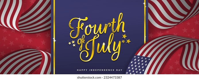 Fourth of July Happy Independence Day Greeting banner, celebrated on July 4. Long waving USA Flag on red and blue background with star pattern. Vector Illustration. EPS 10. 
