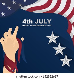 fourth of july happy independence day with hand, star, flag and ribbon