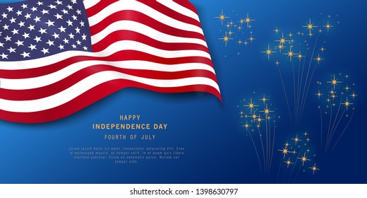 Fourth of July holiday banner on navy blue background with fireworks. American Independence Day Party poster, flyer, greeting card design. July 4th. Veterans day. Space for text. Vector illustration.