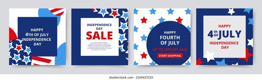 Fourth of July holiday banners, posters, cards or flyers set with stars. USA Independence Day backgrounds for discount, advertisement, social media post, web, greetings, sale, ads, promo