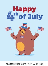 Vierte juli Illustration mit einem lächelnden Bärenkartoon Maskottchen feiert Unabhängigkeitstag USA - Text Glückwunsch 4. Juli - vektor blauer Hintergrund