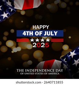 Fourth of July illustration with usa flag and bokeh lighthing effect background. Best for 4th of July USA Independence Day celebration, greeting, poster, banner, background, social media post. 