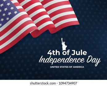 Fourth of July Independence Day 2018. United States waving flag. Fourth of July celebrate. 4th of Jule. Template for website banner, poster and advertisement. Blue background with stars and US flag