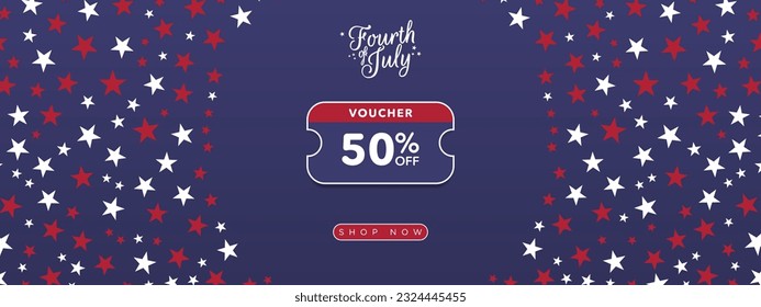 Fourth of July Independence Day 50% off Voucher Template Banner with shop now button. Vector Illustration. EPS 10.