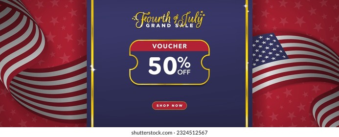 Fourth of July Independence Day 50% off Voucher Template Banner with shop now button. 3D Waving American flags. Vector Illustration. EPS 10.