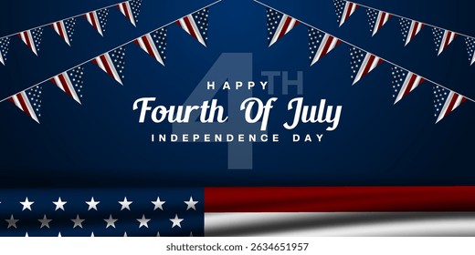 Fourth Of July Is Independence Day. American flags and more. Great for posters, banners and social media. Blue background.
